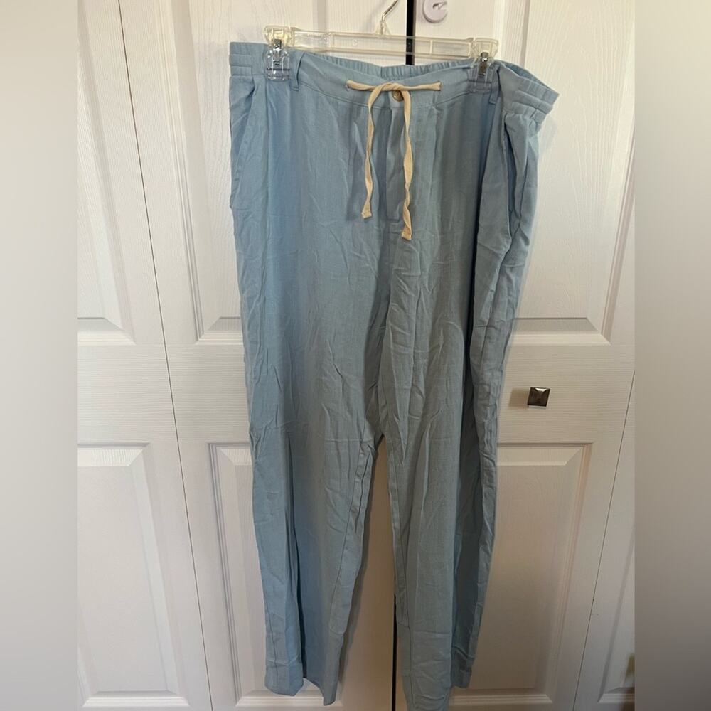 Women’s XXL Linen Viscose Blend Wide Leg Pants Blue Elastic Waist Drawstring NWT